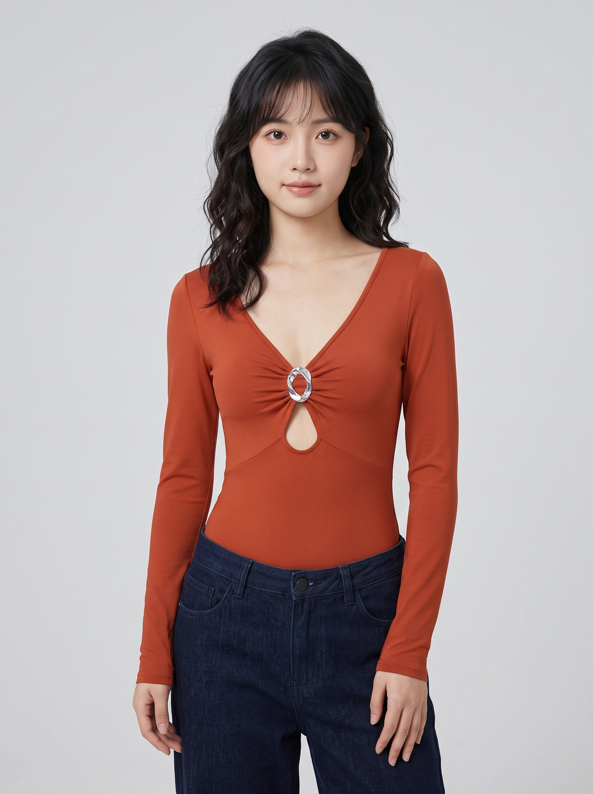 Factory OEM/ODM Women's Long Sleeve V-Neck Bodysuit with O-Ring Detail