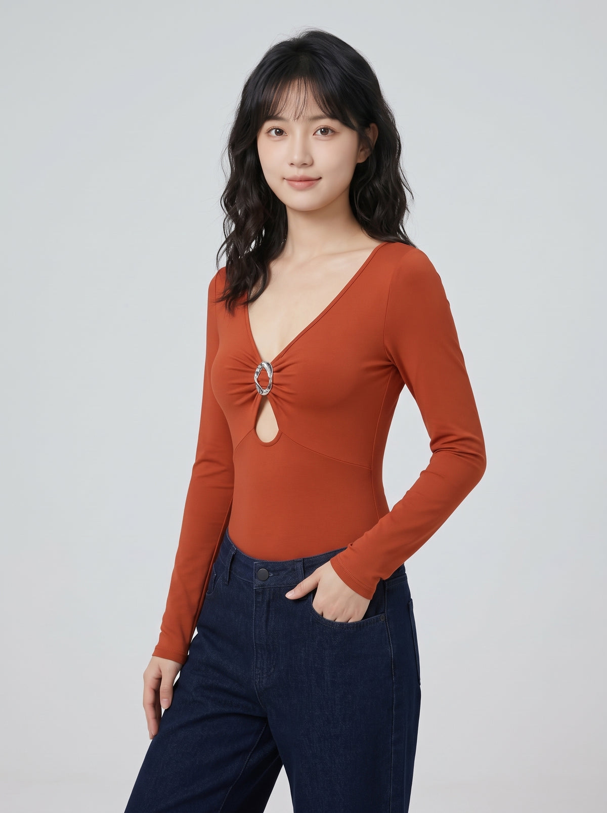 Factory OEM/ODM Women's Long Sleeve V-Neck Bodysuit with O-Ring Detail