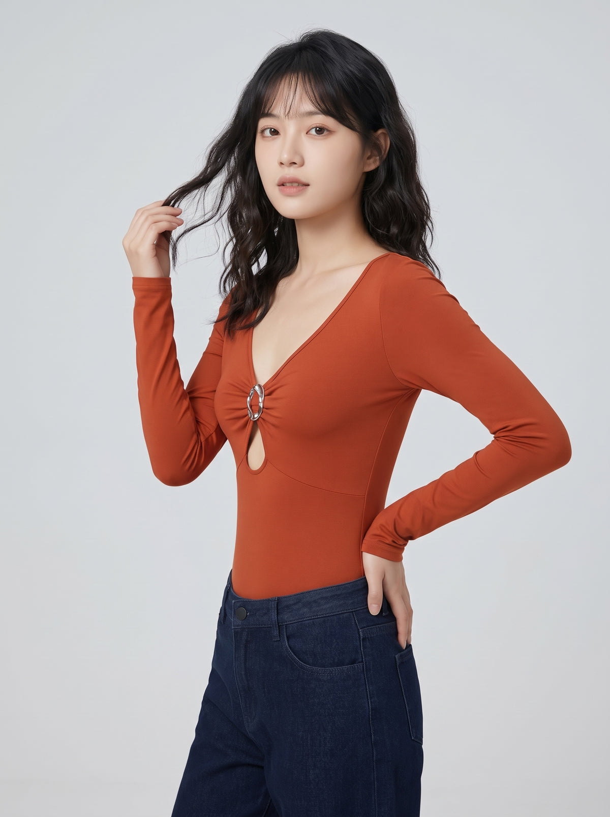 Factory OEM/ODM Women's Long Sleeve V-Neck Bodysuit with O-Ring Detail
