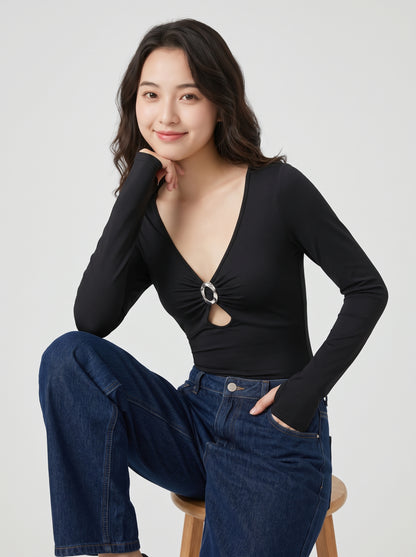 Factory OEM/ODM Women's Long Sleeve V-Neck Bodysuit with O-Ring Detail