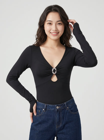 Factory OEM/ODM Women's Long Sleeve V-Neck Bodysuit with O-Ring Detail