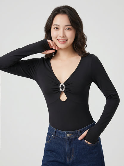 Factory OEM/ODM Women's Long Sleeve V-Neck Bodysuit with O-Ring Detail