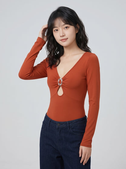 Factory OEM/ODM Women's Long Sleeve V-Neck Bodysuit with O-Ring Detail