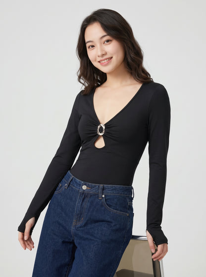 Factory OEM/ODM Women's Long Sleeve V-Neck Bodysuit with O-Ring Detail