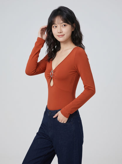 Factory OEM/ODM Women's Long Sleeve V-Neck Bodysuit with O-Ring Detail