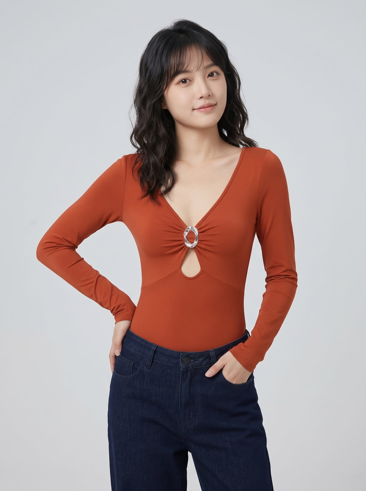 Factory OEM/ODM Women's Long Sleeve V-Neck Bodysuit with O-Ring Detail